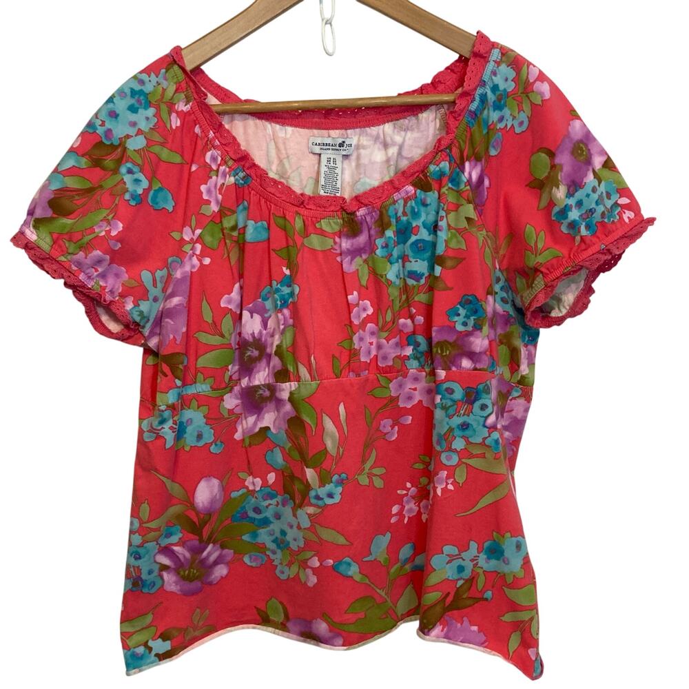 Caribbean Joe Pink Blue Purple Green Floral Lightweight Blouse Top Women's XL